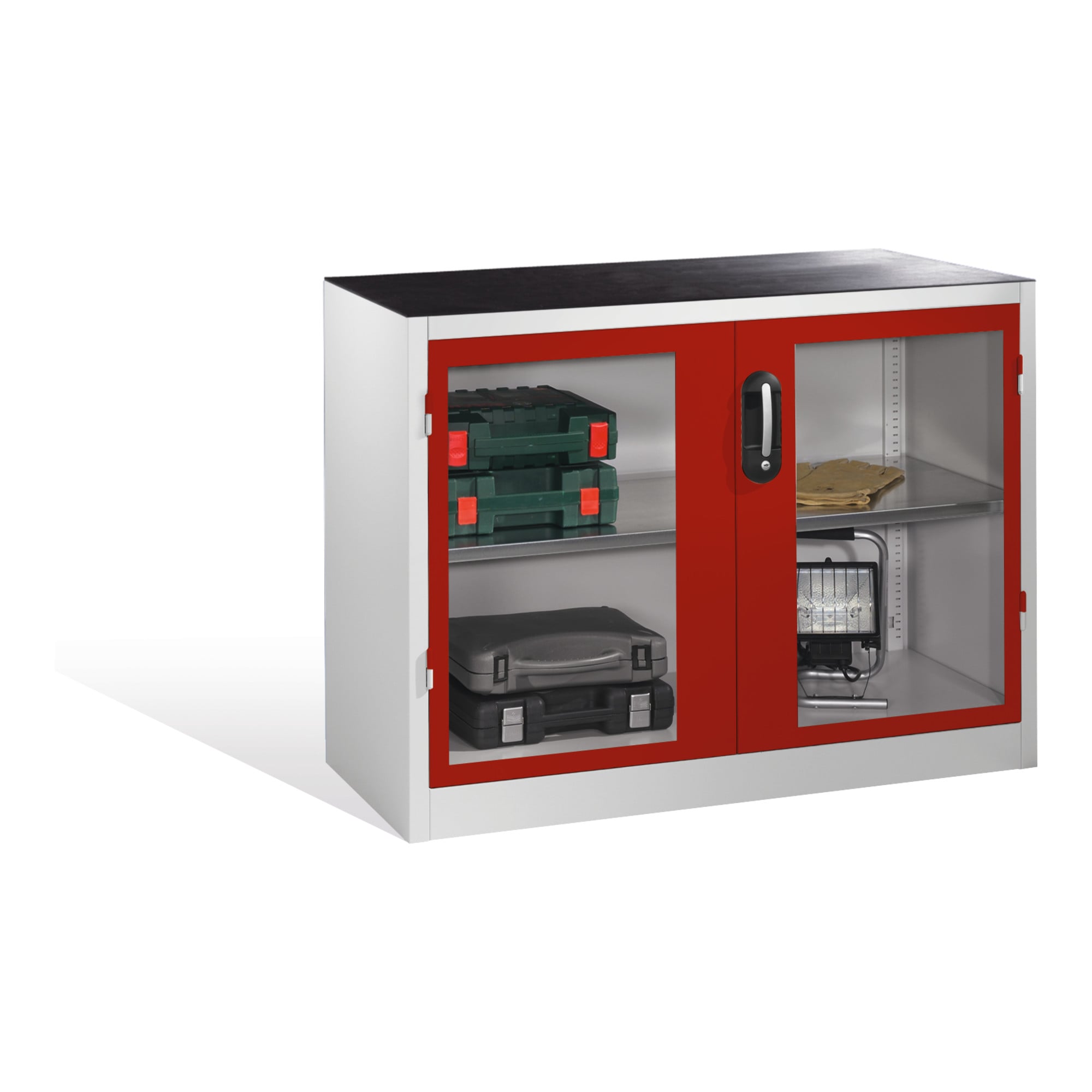 C+P Werkzeug-Beistellschrank mit Sichtfenster-Drehtüren, 1 Boden, H1000xB1200xT500mm Front Rubinrot Korpus Lichtgrau ; C + P Möbelsysteme