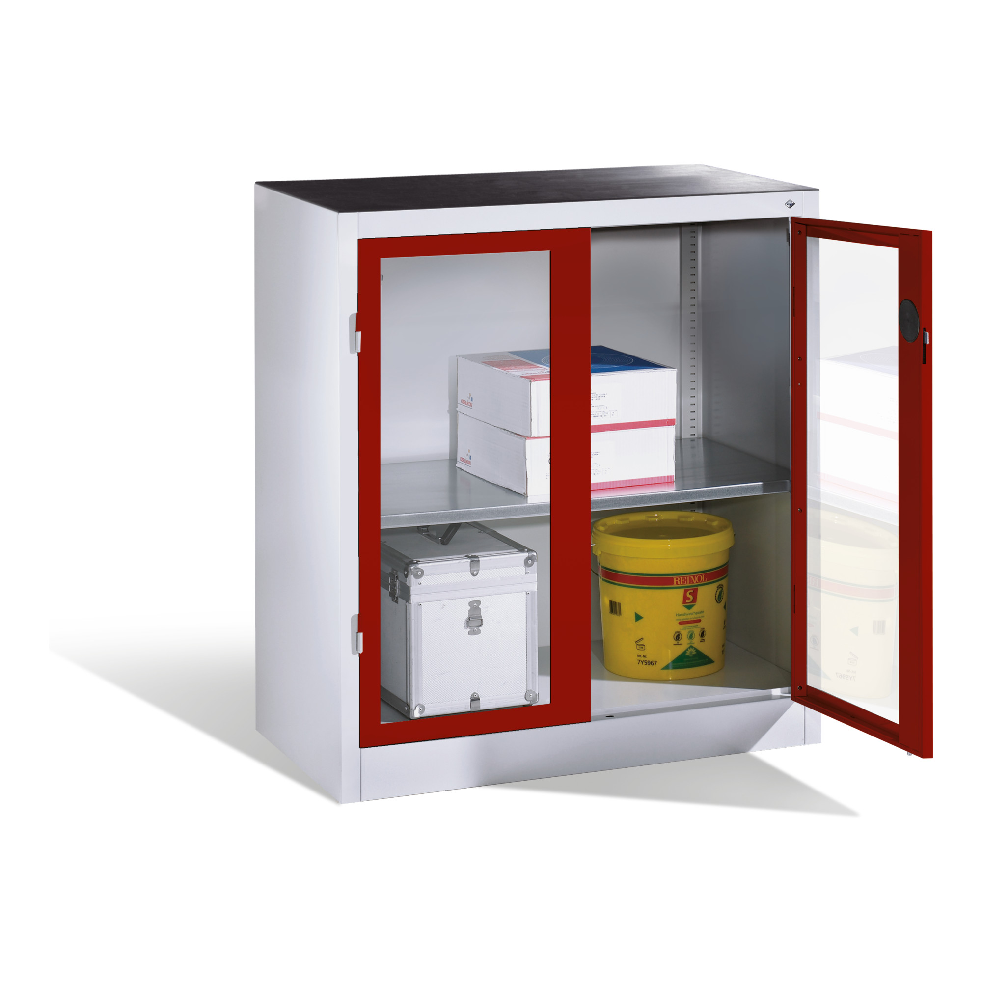 C+P Werkzeug-Beistellschrank mit Sichtfenster-Drehtüren, 1 Boden, H1000xB930xT500mm Front Rubinrot Korpus Lichtgrau ; C + P Möbelsysteme