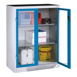 C+P Werkzeug-Beistellschrank mit Sichtfenster-Drehtüren, 2 Böden, H1200xB930xT500mm Front Lichtblau Korpus Lichtgrau