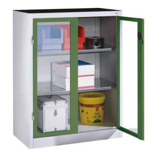 C+P Werkzeug-Beistellschrank mit Sichtfenster-Drehtüren, 2 Böden, H1200xB930xT500mm Front Resedagrün Korpus Lichtgrau