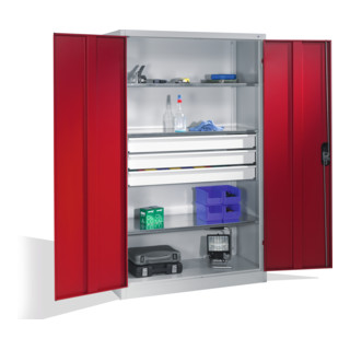 C+P Werkzeugschrank mit Drehtüren, 3 Böden und 3 Schübe, H1950xB1200xT600mm Front Rubinrot Korpus Lichtgrau