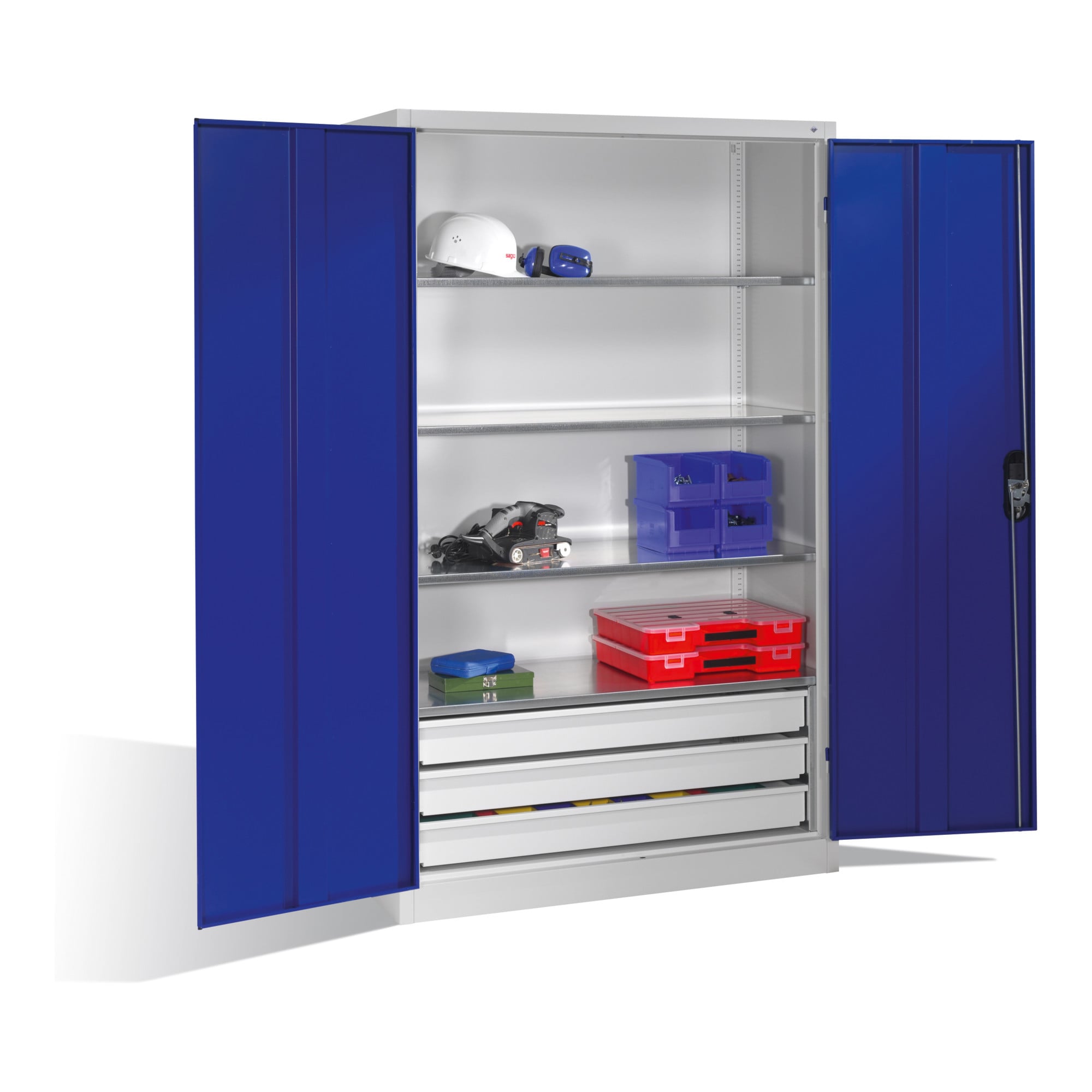 C+P Werkzeugschrank mit Drehtüren, 4 Böden und 3 Schübe, H1950xB1200xT500mm Front Enzianblau Korpus Lichtgrau ; C + P Möbelsysteme