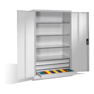 C+P Werkzeugschrank mit Drehtüren, 4 Böden und 3 Schübe, H1950xB1200xT600mm Front Lichtgrau Korpus Lichtgrau