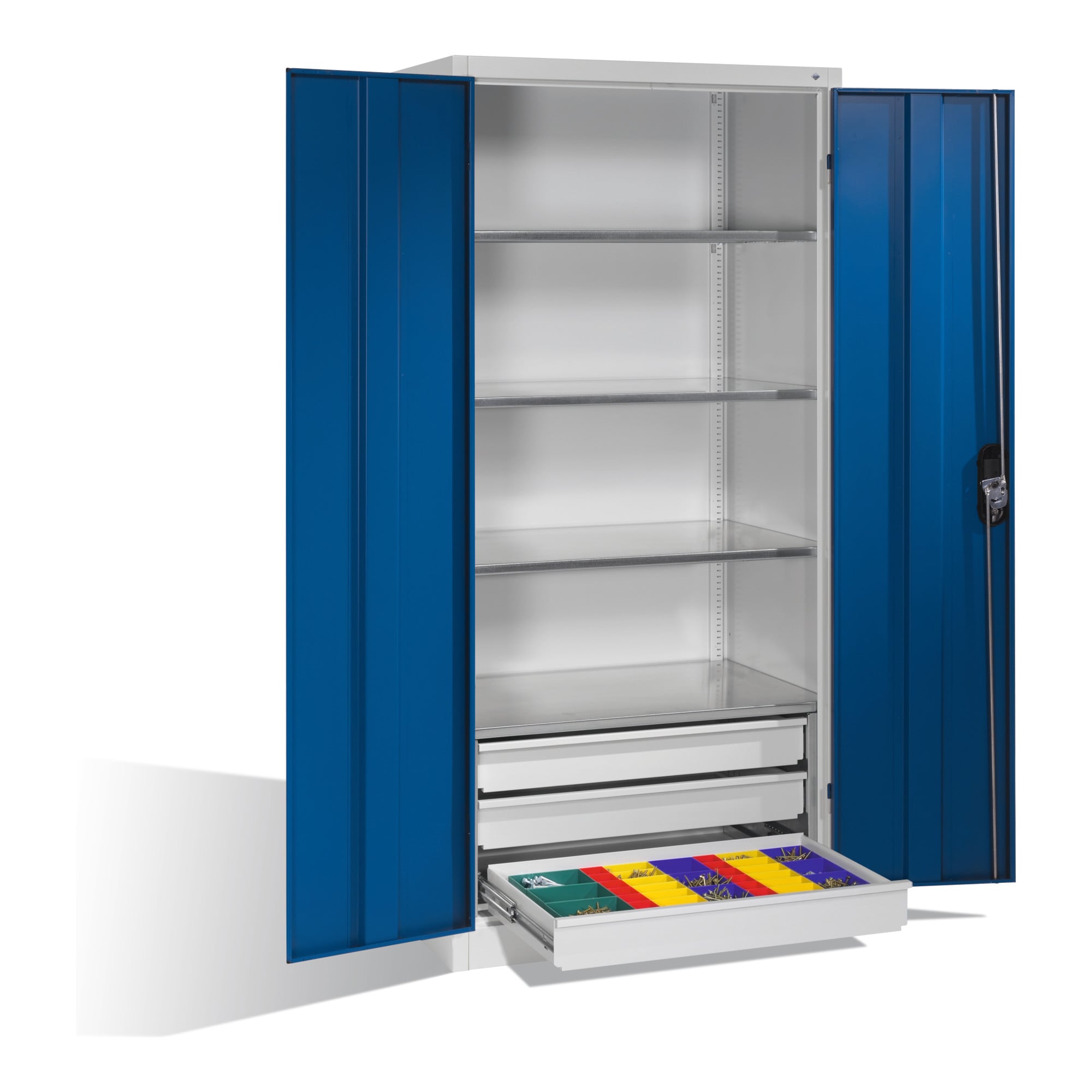C+P Werkzeugschrank mit Drehtüren, 4 Böden und 3 Schübe, H1950xB930xT600mm Front Enzianblau Korpus Lichtgrau ; C + P Möbelsysteme