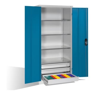 C+P Werkzeugschrank mit Drehtüren, 4 Böden und 3 Schübe, H1950xB930xT600mm Front Lichtblau Korpus Lichtgrau