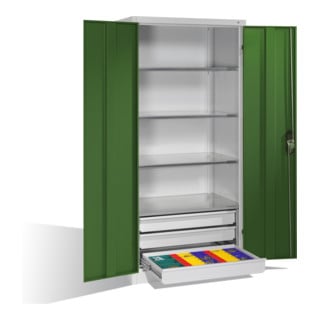 C+P Werkzeugschrank mit Drehtüren, 4 Böden und 3 Schübe, H1950xB930xT600mm Front Resedagrün Korpus Lichtgrau