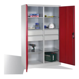 C+P Werkzeugschrank mit Drehtüren, 6 Böden, 4 Schübe, H1950xB1200xT500mm Front Rubinrot Korpus Lichtgrau