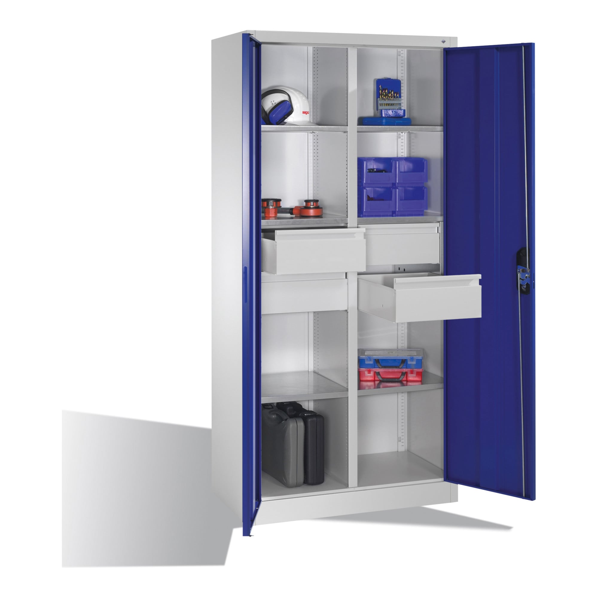 C+P Werkzeugschrank mit Drehtüren, 6 Böden, 4 Schübe, H1950xB930xT500mm Front Enzianblau Korpus Lichtgrau ; C + P Möbelsysteme
