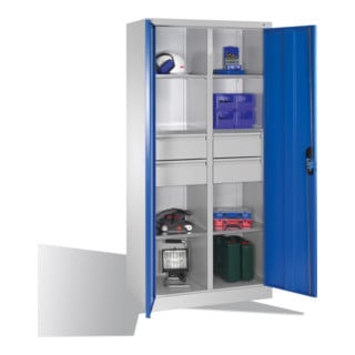 C+P Werkzeugschrank mit Drehtüren, 6 Böden, 4 Schübe, H1950xB930xT500mm Front Lichtblau Korpus Lichtgrau