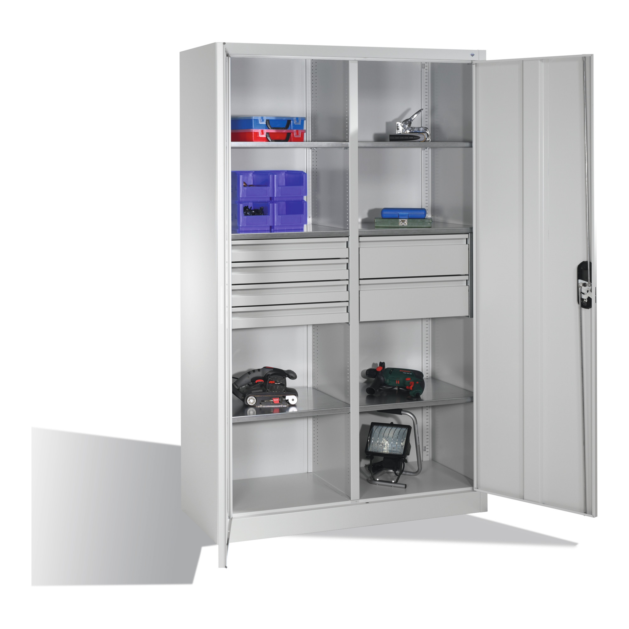 C+P Werkzeugschrank mit Drehtüren, 6 Böden, 6 Schübe, H1950xB1200xT500mm, Lichtgrau ; C + P Möbelsysteme