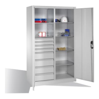 C+P Werkzeugschrank mit Drehtüren, 6 Böden, 8 Schübe, H1950xB1200xT500mm, Lichtgrau