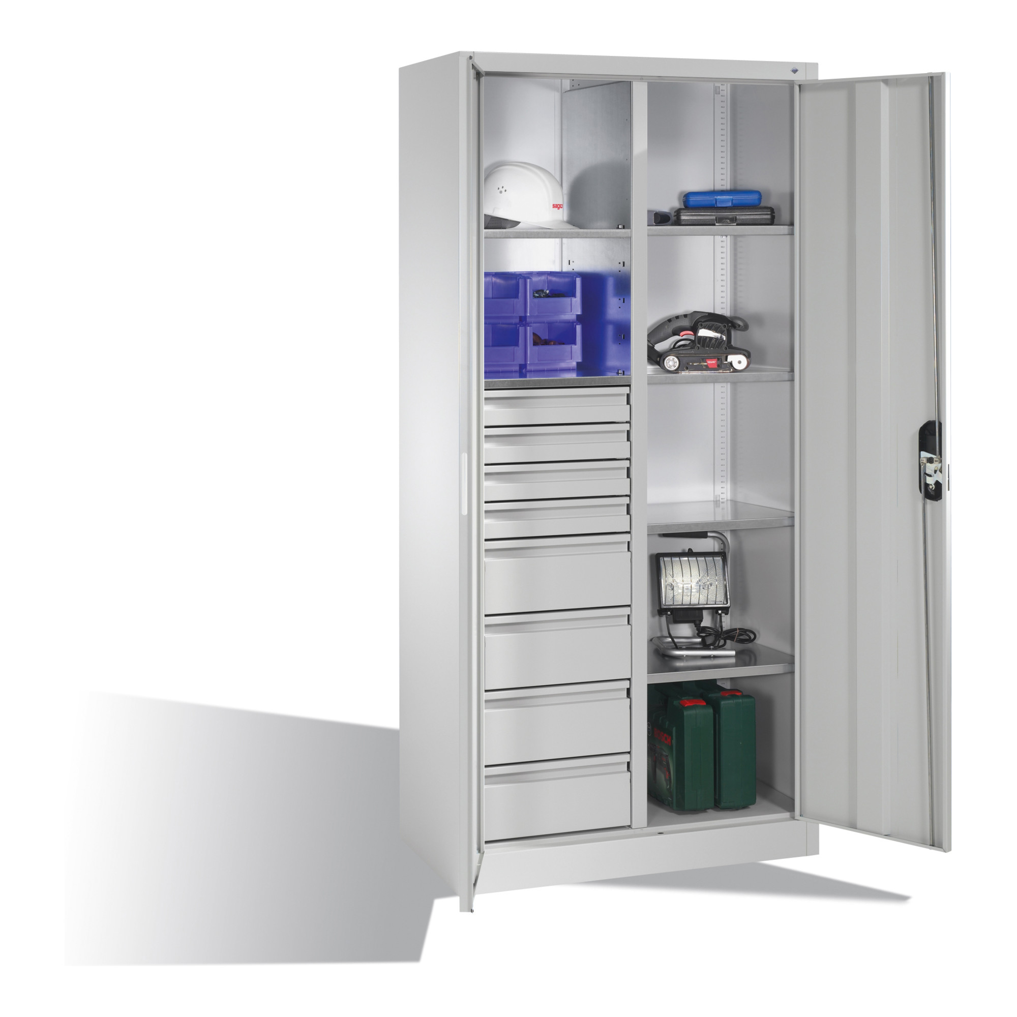 C+P Werkzeugschrank mit Drehtüren, 6 Böden, 8 Schübe, H1950xB930xT500mm Front Lichtgrau Korpus Lichtgrau ; C + P Möbelsysteme