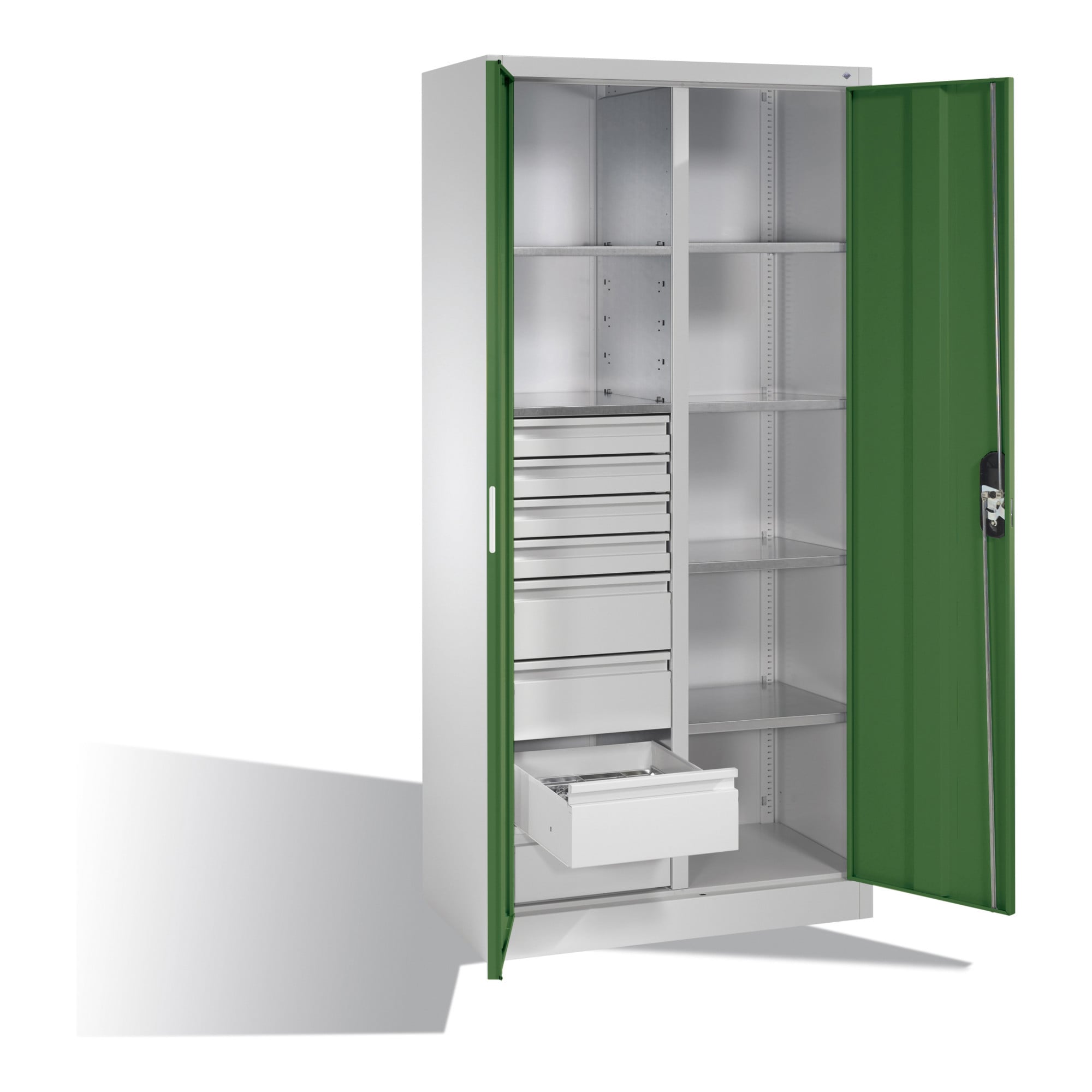 C+P Werkzeugschrank mit Drehtüren, 6 Böden, 8 Schübe, H1950xB930xT500mm Front Resedagrün Korpus Lichtgrau ; C + P Möbelsysteme