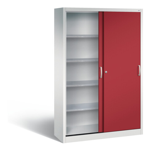 C+P Werkzeugschrank mit Schiebetüren innen 4 Böden Front Rubinrot Korpus Lichtgrau