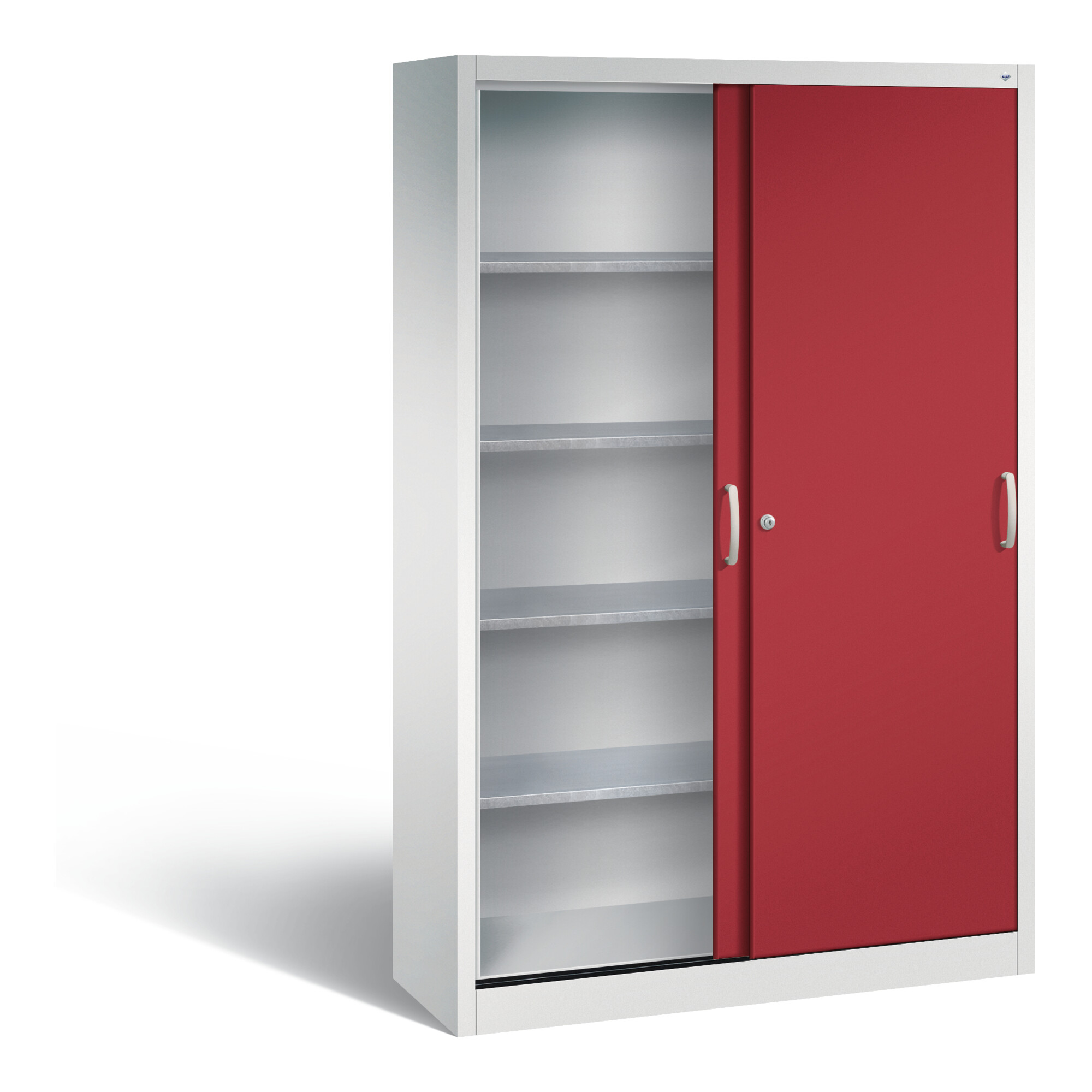 C+P Werkzeugschrank mit Schiebetüren, innen 4 Böden, H1950xB1200xT400mm Front Rubinrot Korpus Lichtgrau ; C + P Möbelsysteme