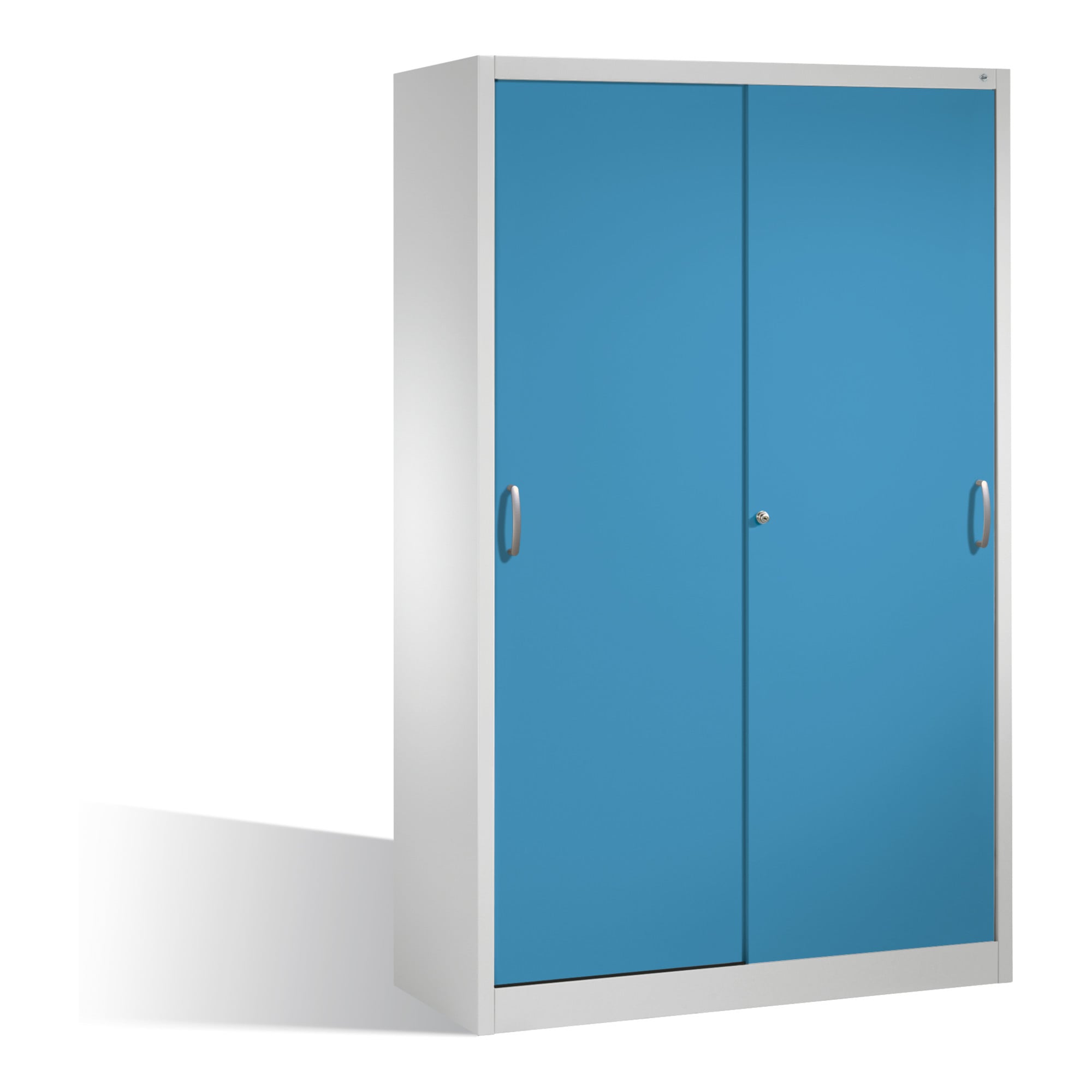 C+P Werkzeugschrank mit Schiebetüren, innen 4 Böden, H1950xB1200xT600mm Front Lichtblau Korpus Lichtgrau ; C + P Möbelsysteme