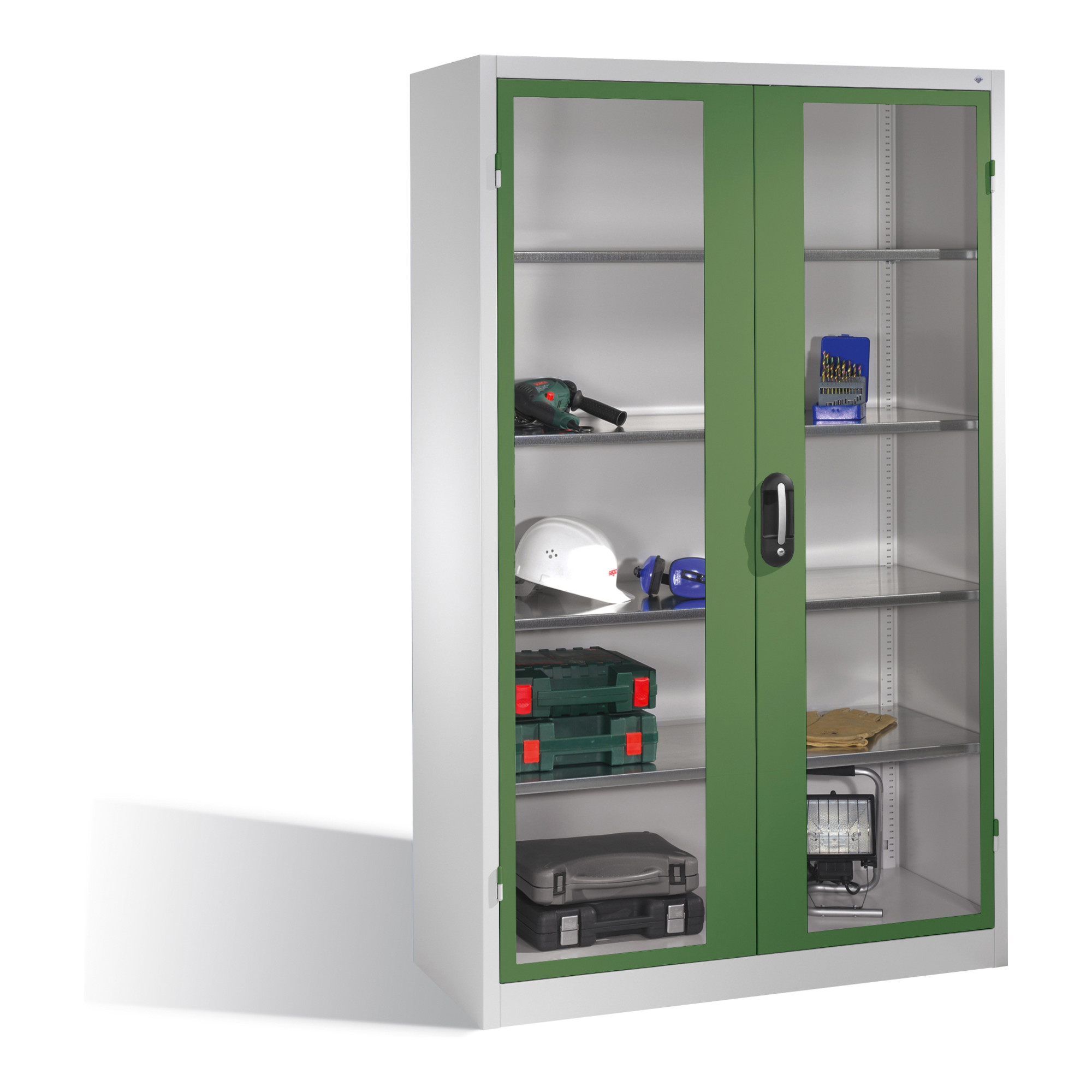 C+P Werkzeugschrank mit Sichtfenster-Drehtüren, innen 4 Böden, H1950xB1200xT500mm Front Resedagrün Korpus Lichtgrau ; C + P Möbelsysteme