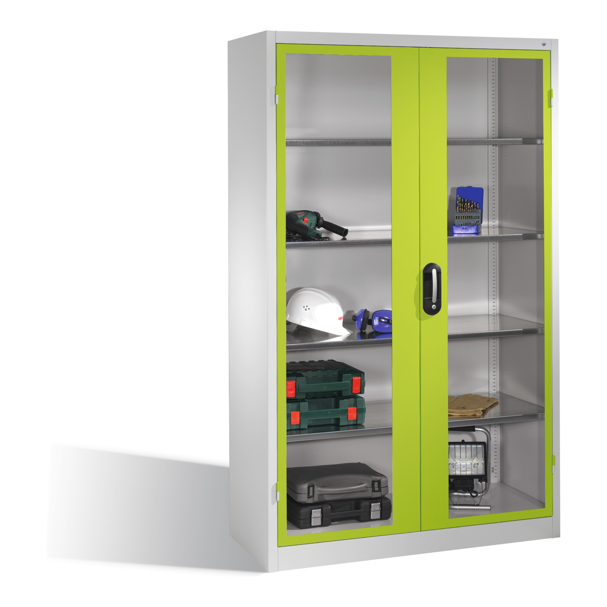 C+P Werkzeugschrank mit Sichtfenster-Drehtüren, innen 4 Böden, H1950xB1200xT500mm Front Viridingrün Korpus Lichtgrau ; C + P Möbelsysteme