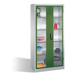 C+P Werkzeugschrank mit Sichtfenster-Drehtüren, innen 4 Böden, H1950xB930xT500mm Front Resedagrün Korpus Lichtgrau