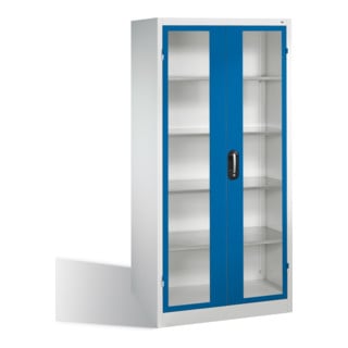 C+P Werkzeugschrank mit Sichtfenster-Drehtüren, innen 4 Böden, H1950xB930xT600mm Front Enzianblau Korpus Lichtgrau
