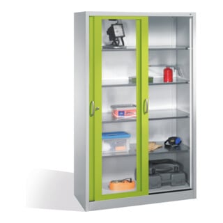 C+P Werkzeugschrank mit Sichtfenster-Schiebetüren, 4 Böden, H1950xB1200xT500mm Front Viridingrün Korpus Lichtgrau