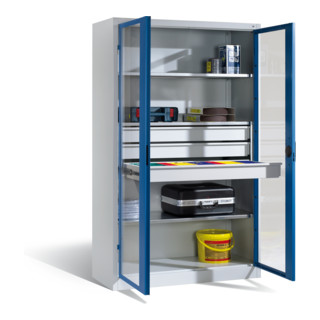 C+P Werkzeugschrank, Sichtfenster-Drehtüren, 3 Böden, 3 Schübe, H1950xB1200xT500mm Front Lichtblau Korpus Lichtgrau