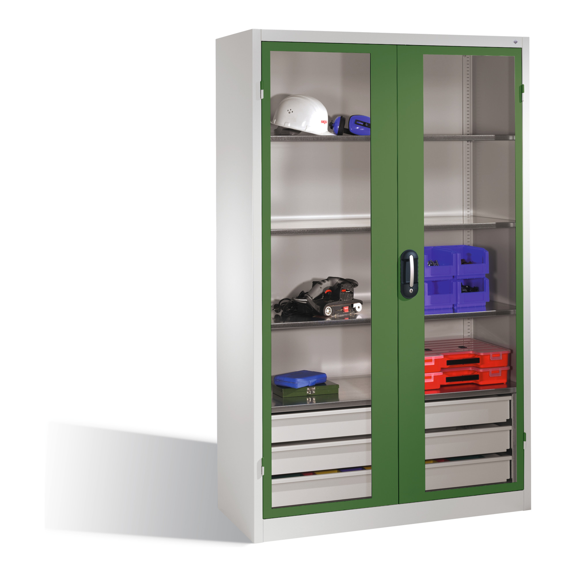 C+P Werkzeugschrank, Sichtfenster-Drehtüren, 3 Böden, 3 Schübe, H1950xB1200xT500mm Front Resedagrün Korpus Lichtgrau ; C + P Möbelsysteme