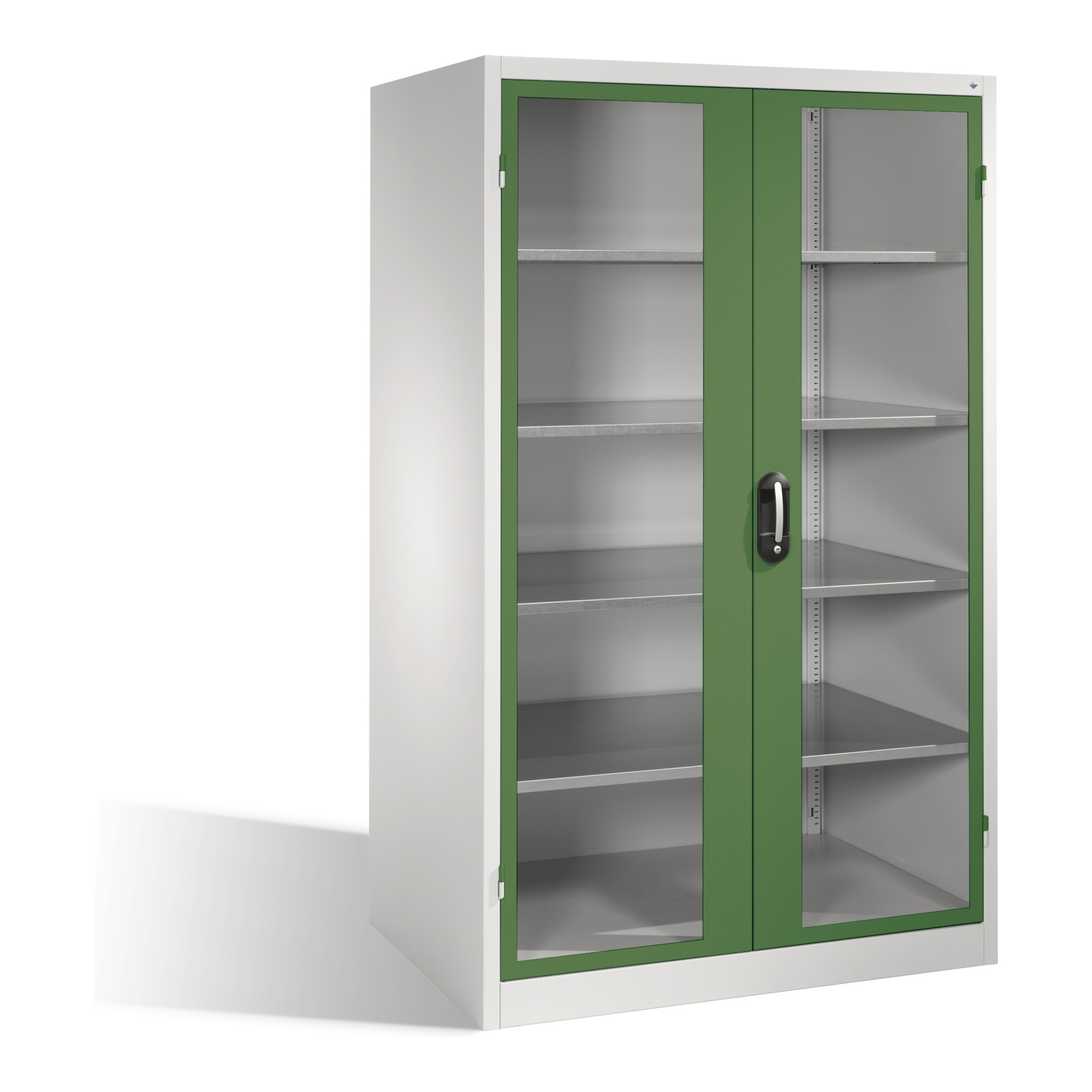 C+P Werkzeugschrank XXL mit Sichtfenster-Drehtüren, 4 Böden, H1950xB1200xT800mm Front Resedagrün Korpus Lichtgrau ; C + P Möbelsysteme