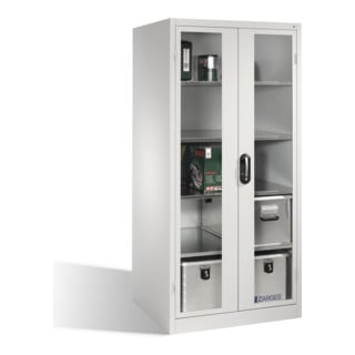 C+P Werkzeugschrank XXL mit Sichtfenster-Drehtüren, innen 4 Böden, H1950xB930xT800mm Front Lichtgrau Korpus Lichtgrau