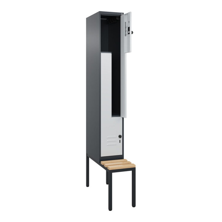 C+P Z-Spind Classic PLUS, Bank, 2 Fächer, 2120x300x815mm, 7016/7035 Verschluss Sicherheits-Drehriegel Sitzbanktyp untergebaut Material Sitzfläche Buche-Hartholz