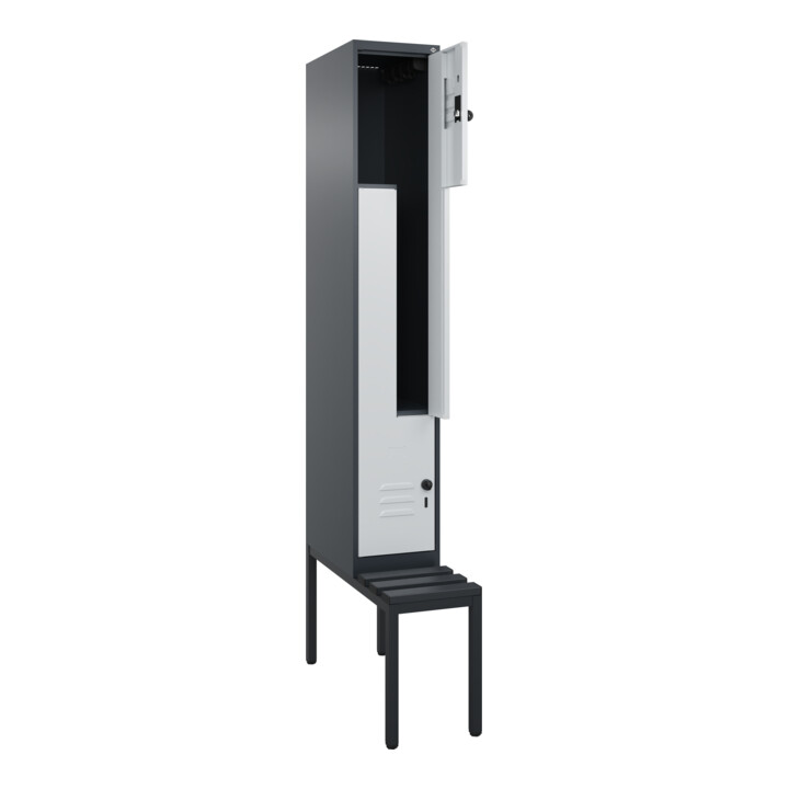 C+P Z-Spind Classic PLUS, Bank, 2 Fächer, 2120x300x815mm, 7016/7035 Verschluss Sicherheits-Drehriegel Sitzbanktyp untergebaut Material Sitzfläche Kunststoff