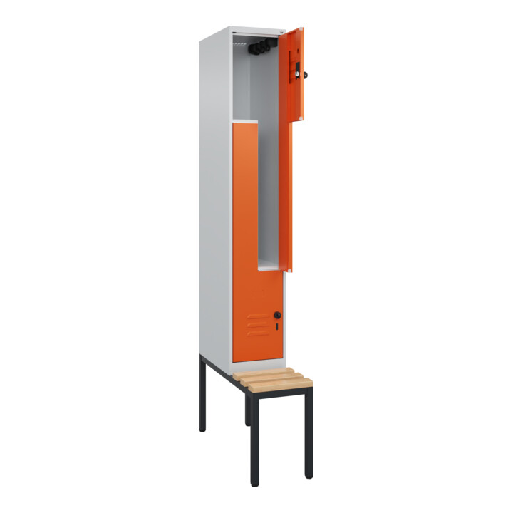 C+P Z-Spind Classic PLUS, Bank, 2 Fächer, 2120x300x815mm, 7035/2004 Verschluss Sicherheits-Drehriegel Sitzbanktyp untergebaut Material Sitzfläche Buche-Hartholz