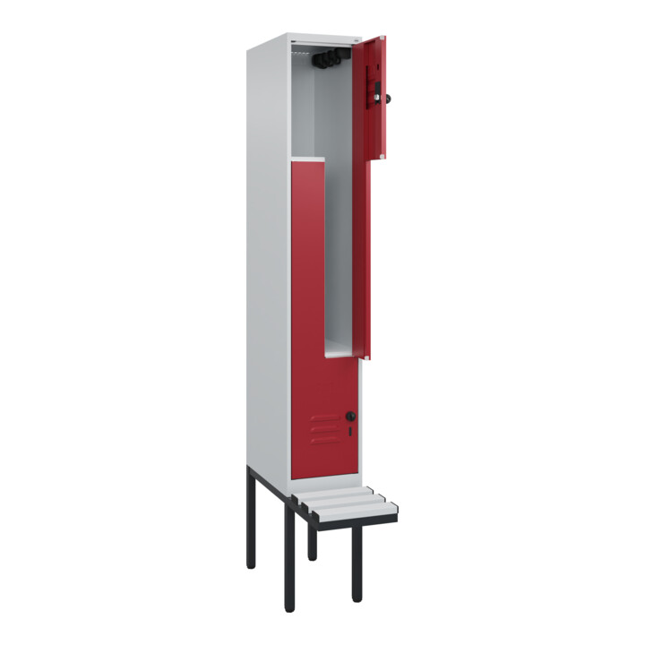 C+P Z-Spind Classic PLUS, Bank, 2 Fächer, 2120x300x815mm, 7035/3003 Verschluss Sicherheits-Drehriegel Sitzbanktyp auskragend Material Sitzfläche Kunststoff