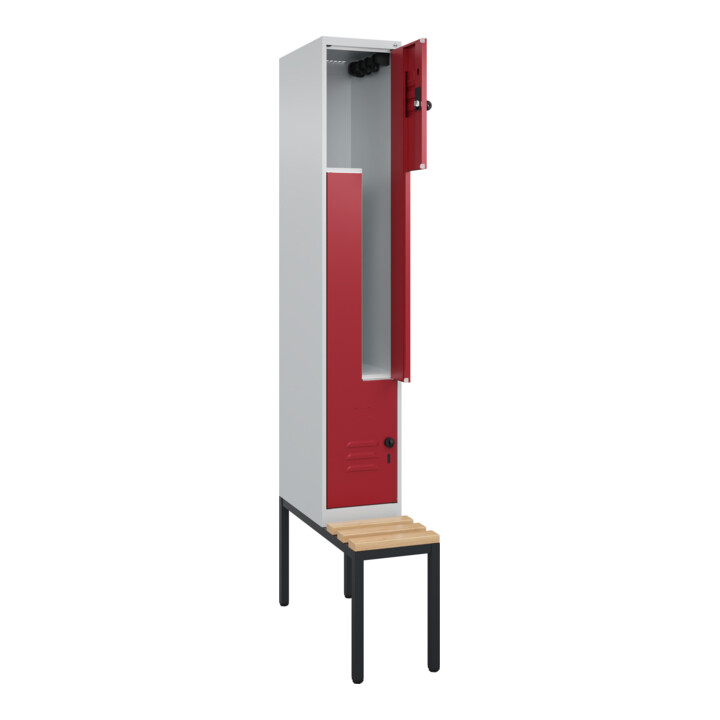 C+P Z-Spind Classic PLUS, Bank, 2 Fächer, 2120x300x815mm, 7035/3003 Verschluss Sicherheits-Drehriegel Sitzbanktyp untergebaut Material Sitzfläche Buche-Hartholz