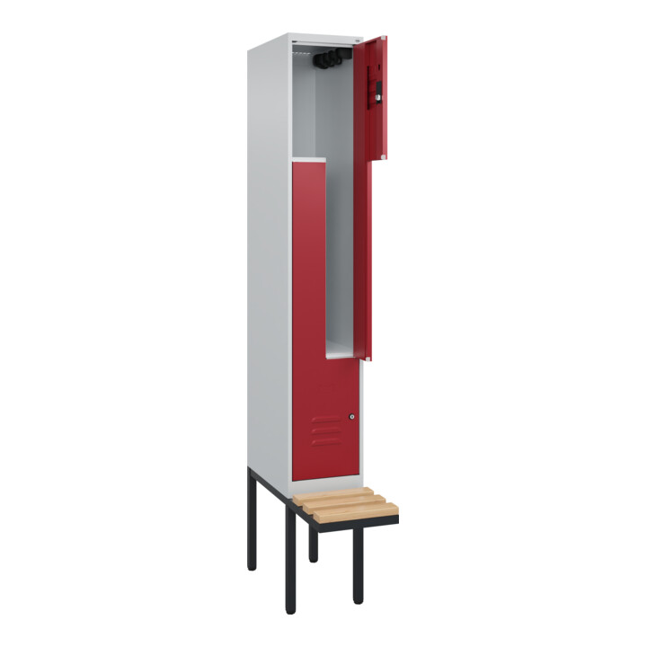 C+P Z-Spind Classic PLUS, Bank, 2 Fächer, 2120x300x815mm, 7035/3003 Verschluss Zylinderschloss Sitzbanktyp auskragend Material Sitzfläche Buche-Hartholz