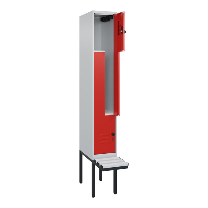 C+P Z-Spind Classic PLUS, Bank, 2 Fächer, 2120x300x815mm, 7035/3020 Verschluss Sicherheits-Drehriegel Sitzbanktyp auskragend Material Sitzfläche Kunststoff