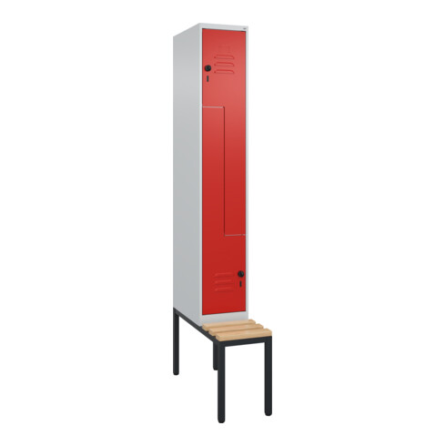 C+P Z-Spind Classic PLUS, Bank, 2 Fächer, 2120x300x815mm, 7035/3020 Verschluss Sicherheits-Drehriegel Sitzbanktyp untergebaut Material Sitzfläche Buche-Hartholz