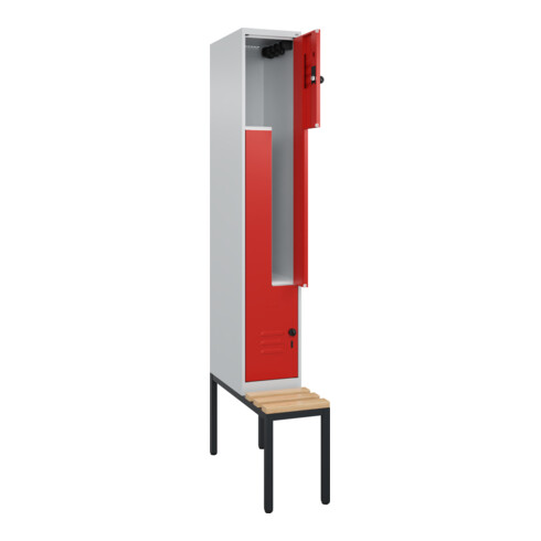 C+P Z-Spind Classic PLUS, Bank, 2 Fächer, 2120x300x815mm, 7035/3020 Verschluss Sicherheits-Drehriegel Sitzbanktyp untergebaut Material Sitzfläche Buche-Hartholz
