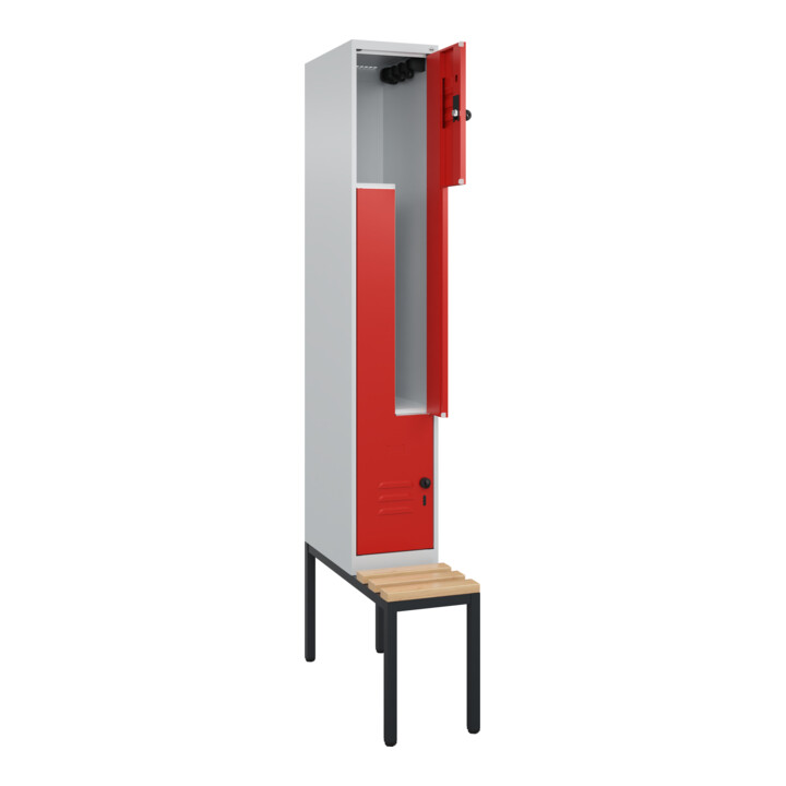 C+P Z-Spind Classic PLUS, Bank, 2 Fächer, 2120x300x815mm, 7035/3020 Verschluss Sicherheits-Drehriegel Sitzbanktyp untergebaut Material Sitzfläche Buche-Hartholz