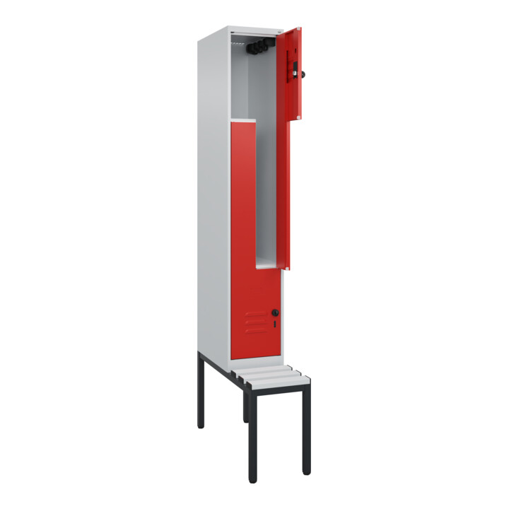 C+P Z-Spind Classic PLUS, Bank, 2 Fächer, 2120x300x815mm, 7035/3020 Verschluss Sicherheits-Drehriegel Sitzbanktyp untergebaut Material Sitzfläche Kunststoff