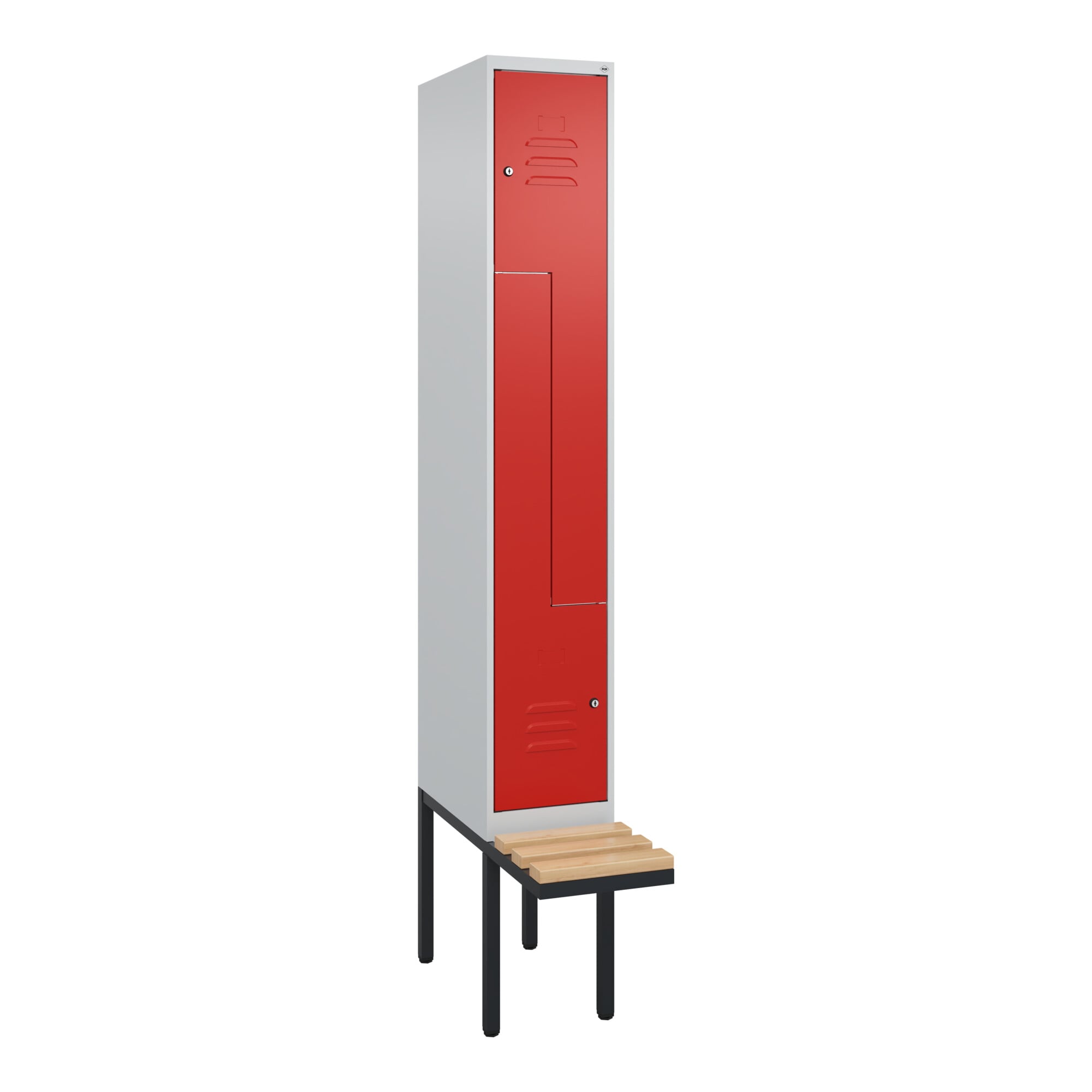 C+P Z-Spind Classic PLUS, Bank, 2 Fächer, 2120x300x815mm, 7035/3020 Verschluss Zylinderschloss Sitzbanktyp auskragend Material Sitzfläche Buche-Hartho