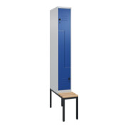 C+P Z-Spind Classic PLUS, Bank, 2 Fächer, 2120x300x815mm, 7035/5010 Verschluss Sicherheits-Drehriegel Sitzbanktyp untergebaut Material Sitzfläche Buche-Hartholz