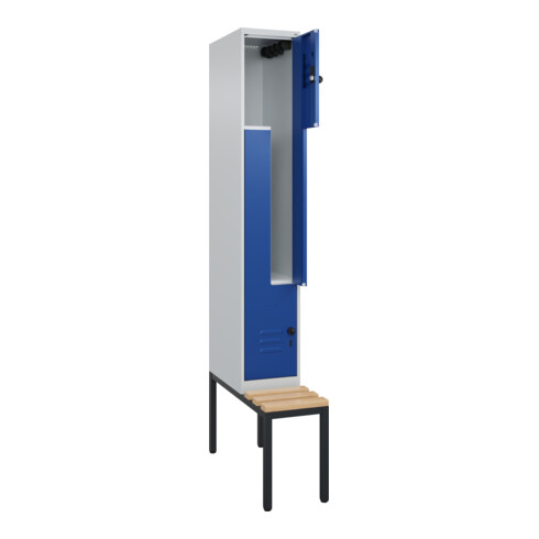 C+P Z-Spind Classic PLUS, Bank, 2 Fächer, 2120x300x815mm, 7035/5010 Verschluss Sicherheits-Drehriegel Sitzbanktyp untergebaut Material Sitzfläche Buche-Hartholz