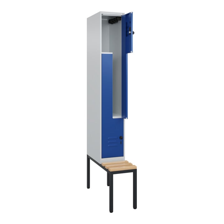 C+P Z-Spind Classic PLUS, Bank, 2 Fächer, 2120x300x815mm, 7035/5010 Verschluss Sicherheits-Drehriegel Sitzbanktyp untergebaut Material Sitzfläche Buche-Hartholz