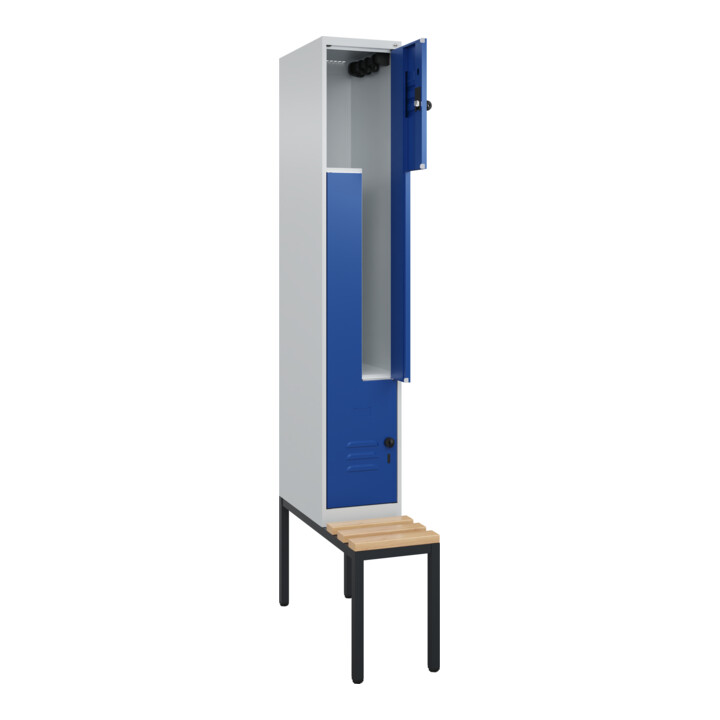 C+P Z-Spind Classic PLUS, Bank, 2 Fächer, 2120x300x815mm, 7035/5010 Verschluss Sicherheits-Drehriegel Sitzbanktyp untergebaut Material Sitzfläche Buche-Hartholz