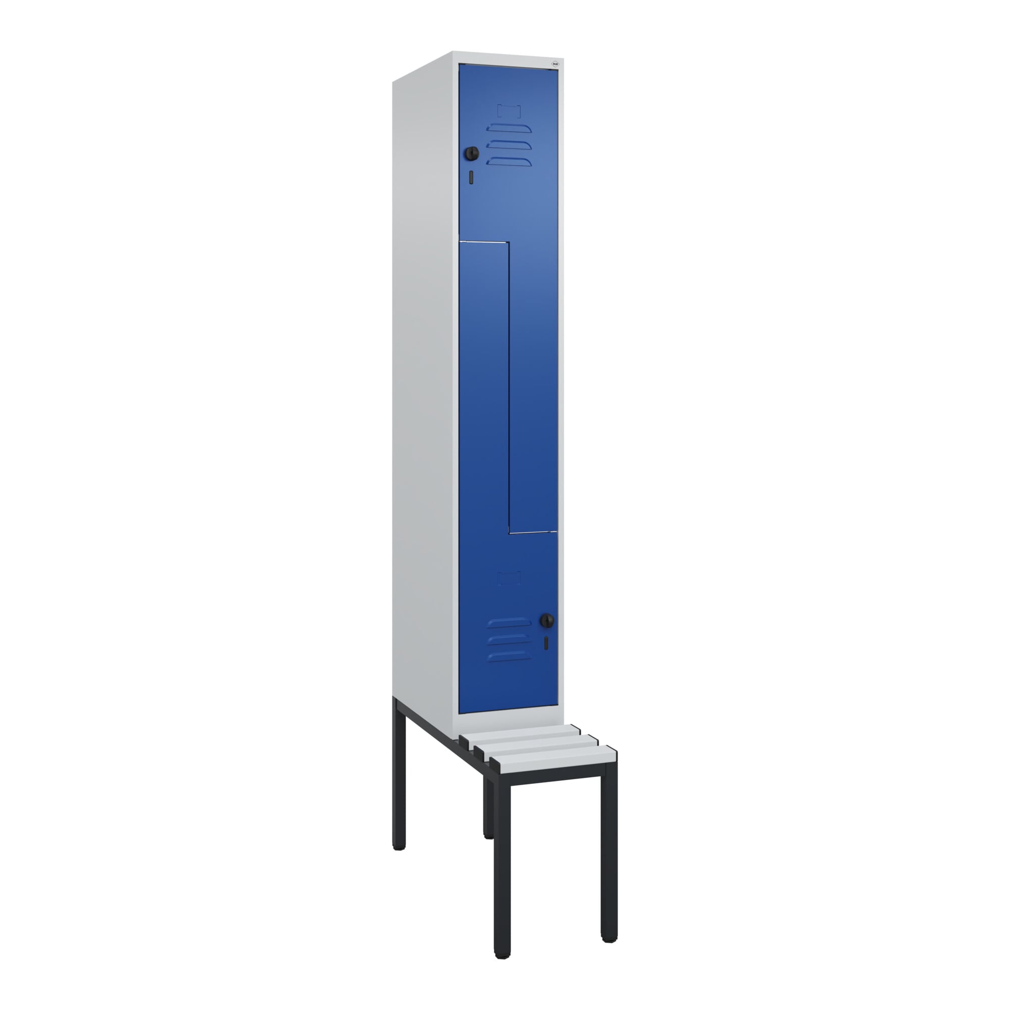 C+P Z-Spind Classic PLUS, Bank, 2 Fächer, 2120x300x815mm, 7035/5010 Verschluss Sicherheits-Drehriegel Sitzbanktyp untergebaut Material Sitzfläche Kuns