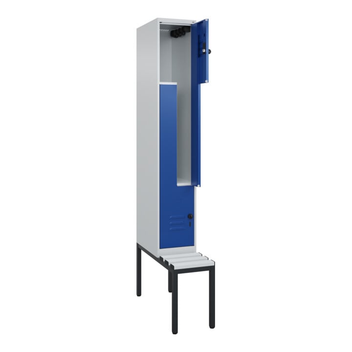 C+P Z-Spind Classic PLUS, Bank, 2 Fächer, 2120x300x815mm, 7035/5010 Verschluss Sicherheits-Drehriegel Sitzbanktyp untergebaut Material Sitzfläche Kunststoff