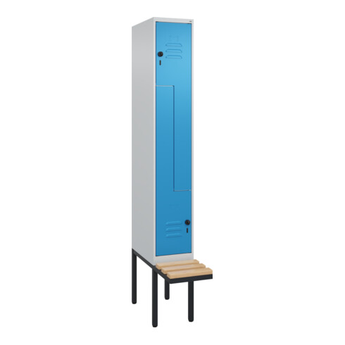 C+P Z-Spind Classic PLUS, Bank, 2 Fächer, 2120x300x815mm, 7035/5012 Verschluss Sicherheits-Drehriegel Sitzbanktyp auskragend Material Sitzfläche Buche-Hartholz