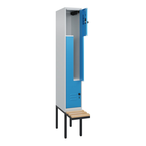 C+P Z-Spind Classic PLUS, Bank, 2 Fächer, 2120x300x815mm, 7035/5012 Verschluss Sicherheits-Drehriegel Sitzbanktyp auskragend Material Sitzfläche Buche-Hartholz