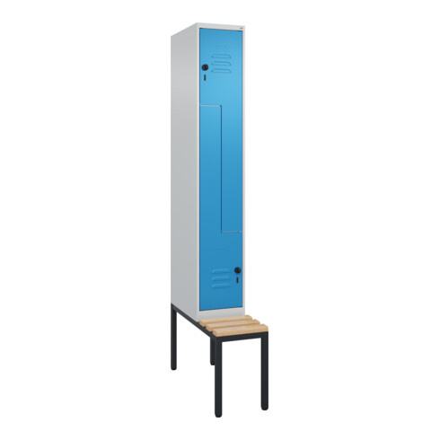 C+P Z-Spind Classic PLUS, Bank, 2 Fächer, 2120x300x815mm, 7035/5012 Verschluss Sicherheits-Drehriegel Sitzbanktyp untergebaut Material Sitzfläche Buche-Hartholz